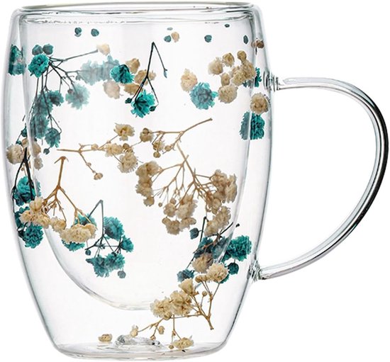 Doppelwandige Glas Kaffeebecher Transparenter Kaffeebecher Mit Blumenmuster Und Henkel, 350 Ml Isolierte, Hitzebeständige Kaffeetassen Für Tee, C