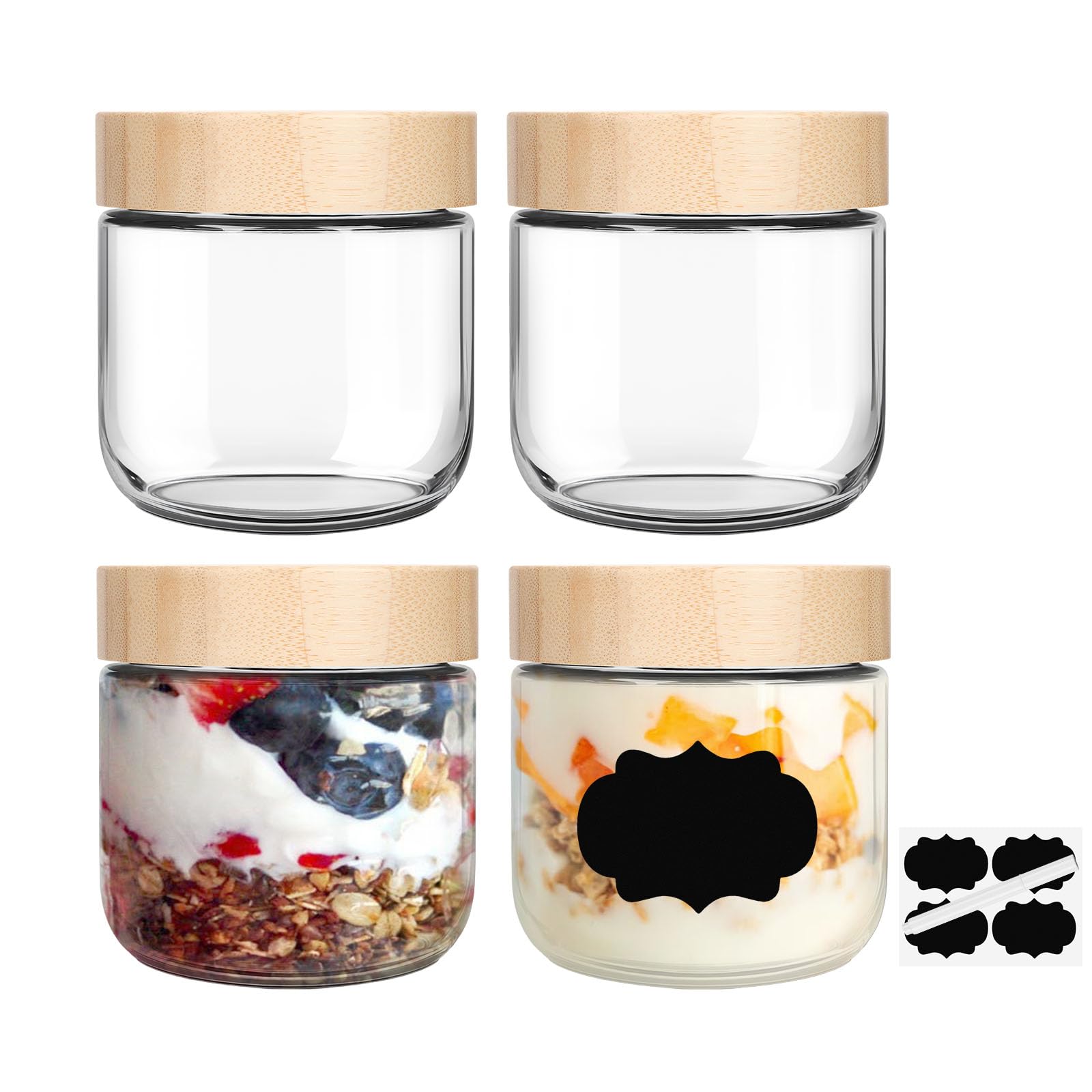 Set Aus 4 Glasbehältern À 280 G Mit Bambusdeckeln Zur Zubereitung Von Mahlzeiten, Joghurt, Salaten, Puddings, Müsli, Gewürzen Und Vielem Mehr.
