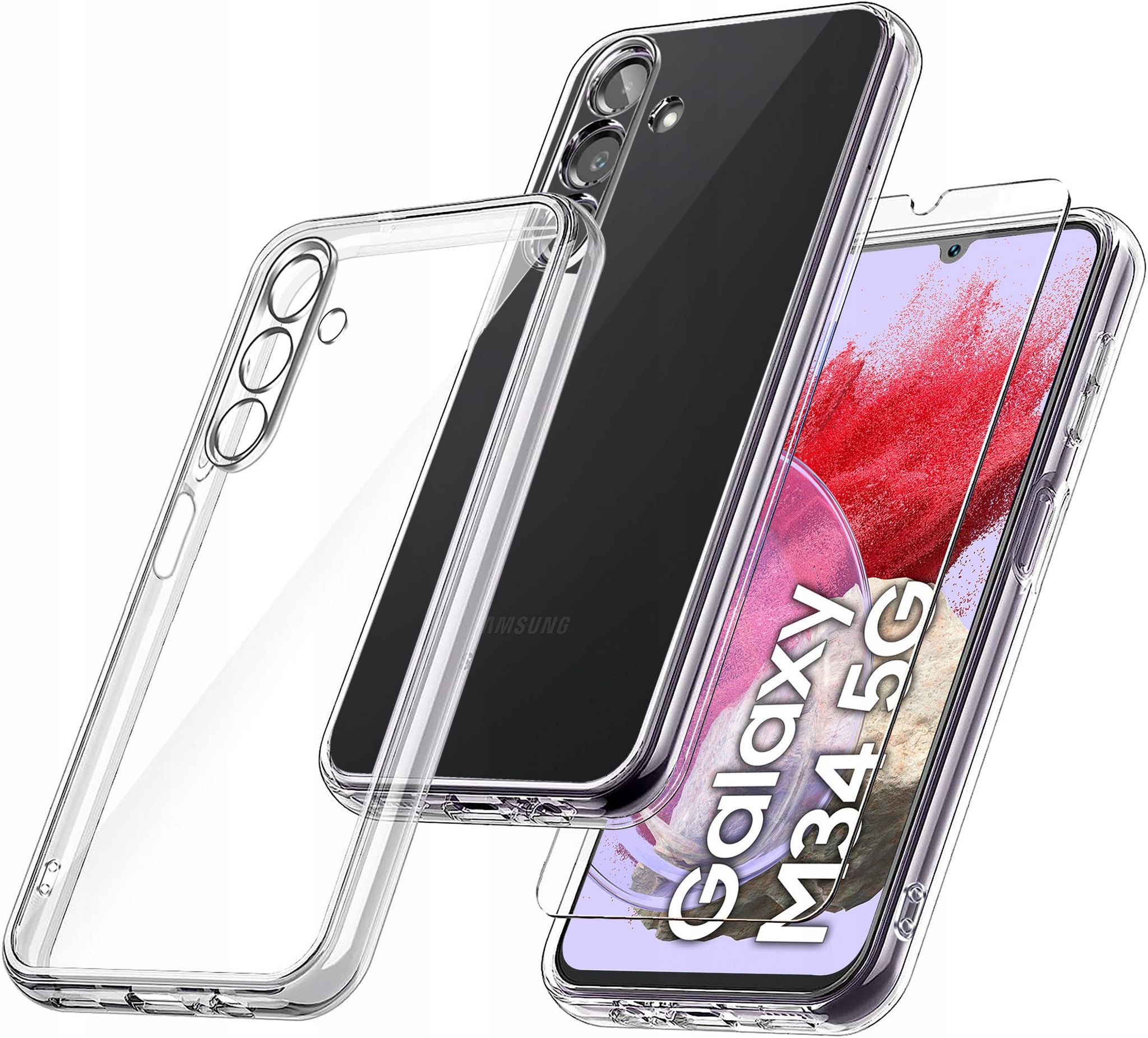 Schlanke Hülle Für Samsung Galaxy M34 5g, Transparente Rückseite + Glas