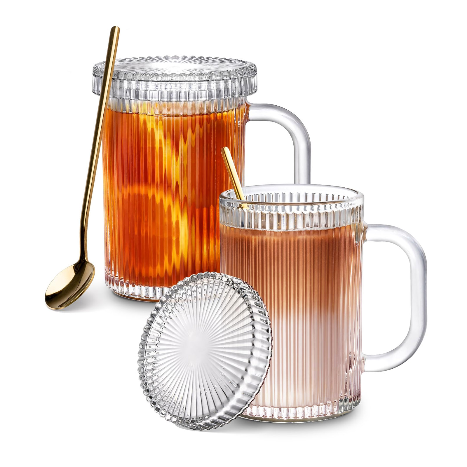 Glaskaffeetassen, 385 Ml, Durchsichtige Kaffeetasse Mit Deckel Und Löffel, 2er-set Geriffelte Teetassen, Unverzichtbares Kaffeezubehör Für Wohnungen, Einzugsgeschenk, Weihnachtsgeschenk
