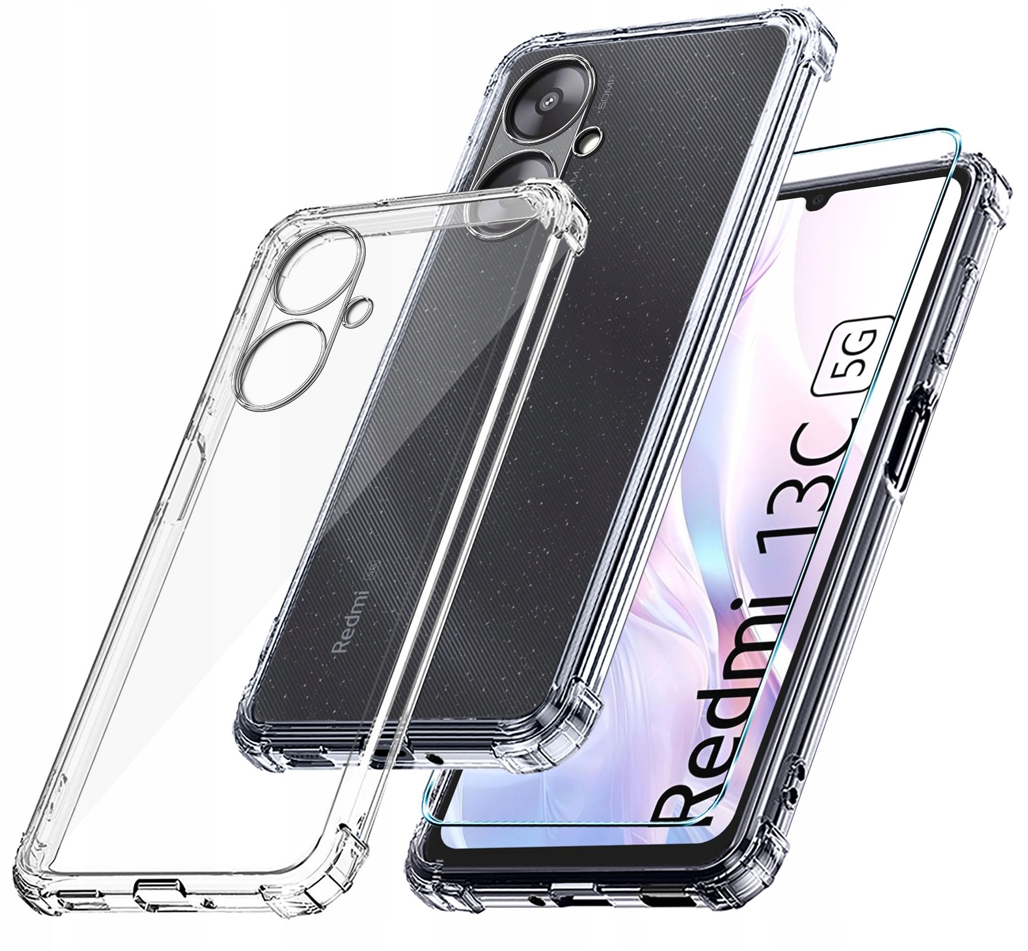 Schutzhülle Für Xiaomi Redmi 13c 5g: Stoßfeste, Transparente Hülle + 9h-glas