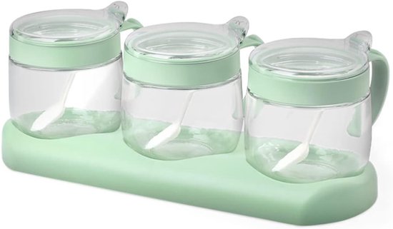 3 Grüne Gewürzgläser Aus Glas – 350 Ml (12 Oz) Mit Deckel Und Löffel, Transparent Für Salz, Pfeffer Und Die Küchenarbeitsplatte