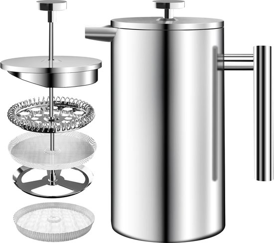 French-press-kaffeebereiter Aus Edelstahl, 1 Liter (34 Oz), Mit 3-stufigem Filtersystem – Doppelwandige, Isolierte Kaffeekanne Mit 1 Ersatzfilter (silber)