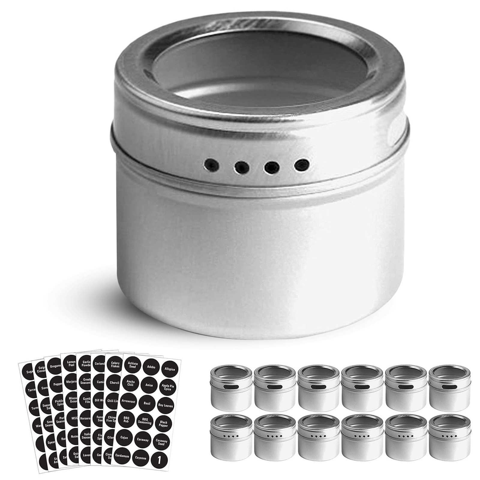 Set Mit 12 Magnetischen Gewürzgläsern Mit 12 Sichtdeckeln Zum Sieben Und Ausgießen, 144 Vorgedruckte, Selbstklebende Etiketten Für 85-g-kräutergläser (3 Oz)