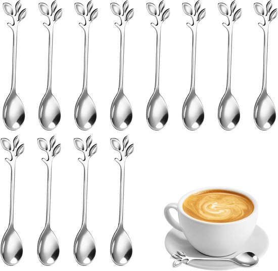 12 Kaffeelöffel Mit Edelstahlblättern, Spezieller Kaffeelöffel, Kaffeelöffel Mit Zweigdesign, Rührlöffel Für Tee, Kaffee, Desserts (silber)