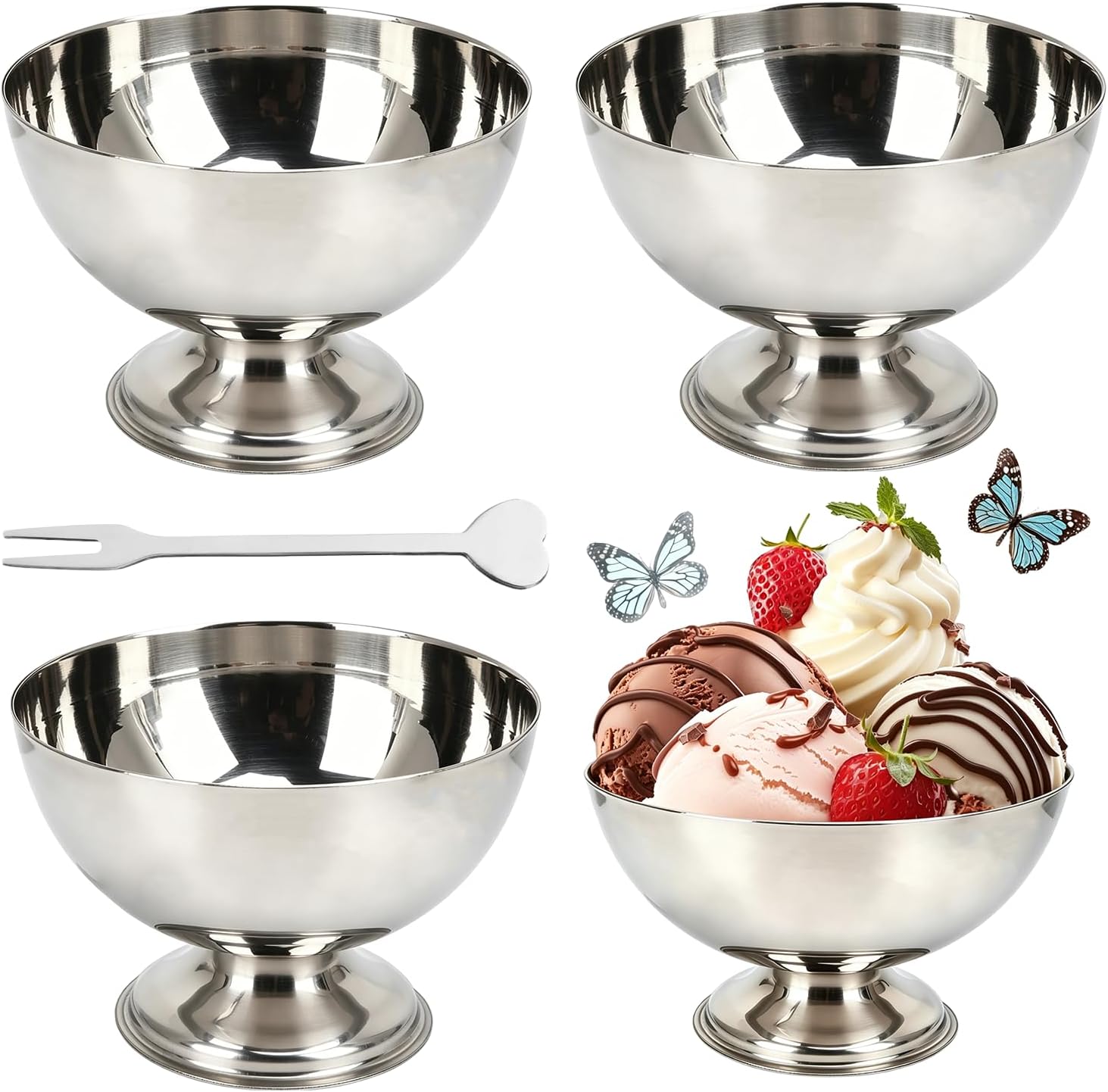 Set Of 4 Ice Cream Sundae Cups 200 Ml, Stainless Steel Dessert Bowl With Forks, Dessert Bowl, Cocktail Glasses, Dessert Cups, Ice Cream Sundae Dessert Glasses For Fruit, Salad, Yoghurt And