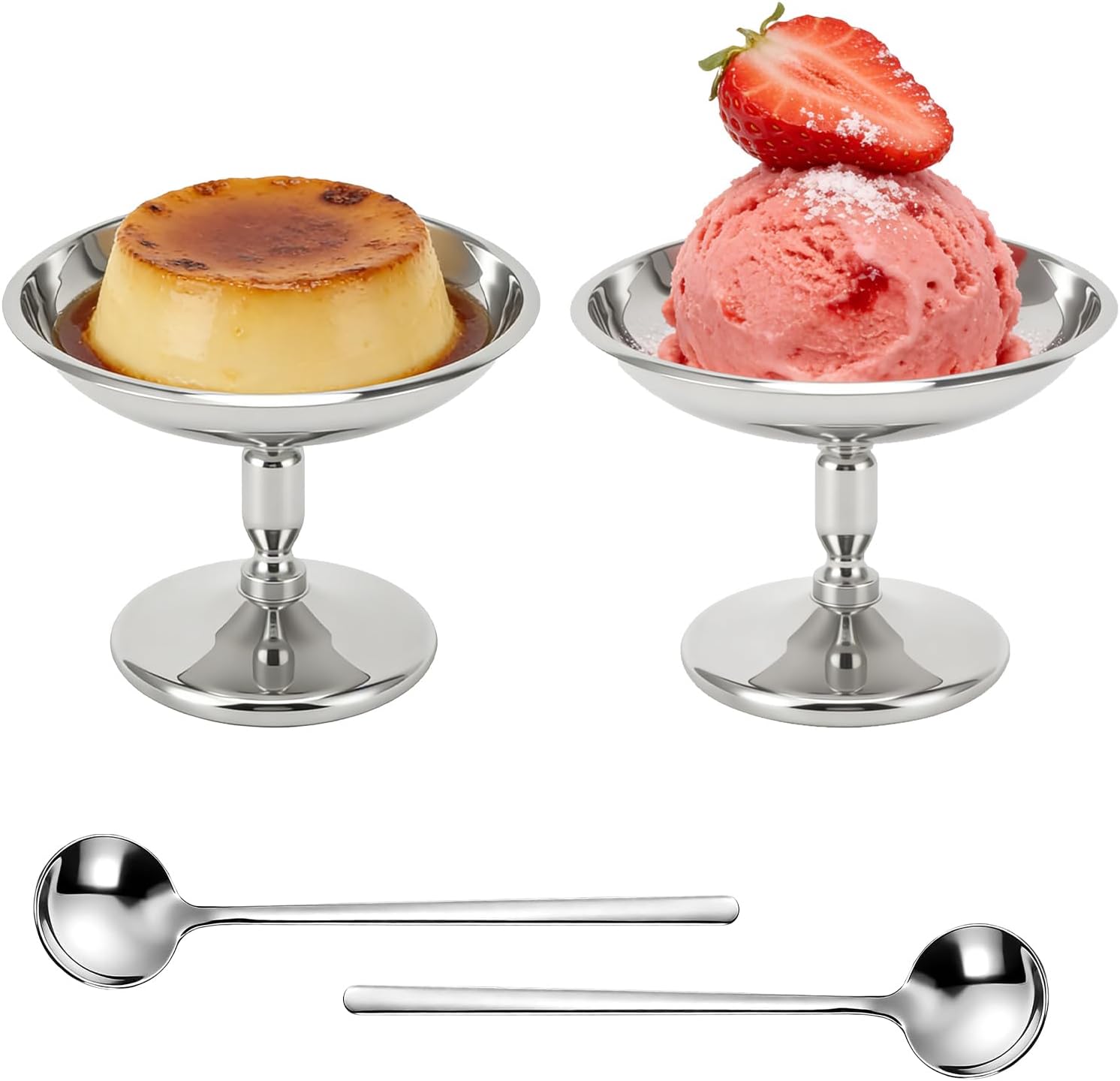 Set Aus 2 Edelstahl-eisschalen, 10 Cm Durchmesser, Mit Boden, Für Eiscreme, Joghurt, Obstsalat Und Pudding, Ideal Für Hochzeiten, Partys, Cafés Und Restaurants