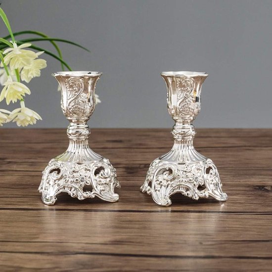 Elegantes, Versilbertes Kerzenständer Set Für Schabbat 2 Metall Kerzenhalter Für Spitzkerzen, Dekorative Kerzenständer Für Stimmungsvolle Beleuch