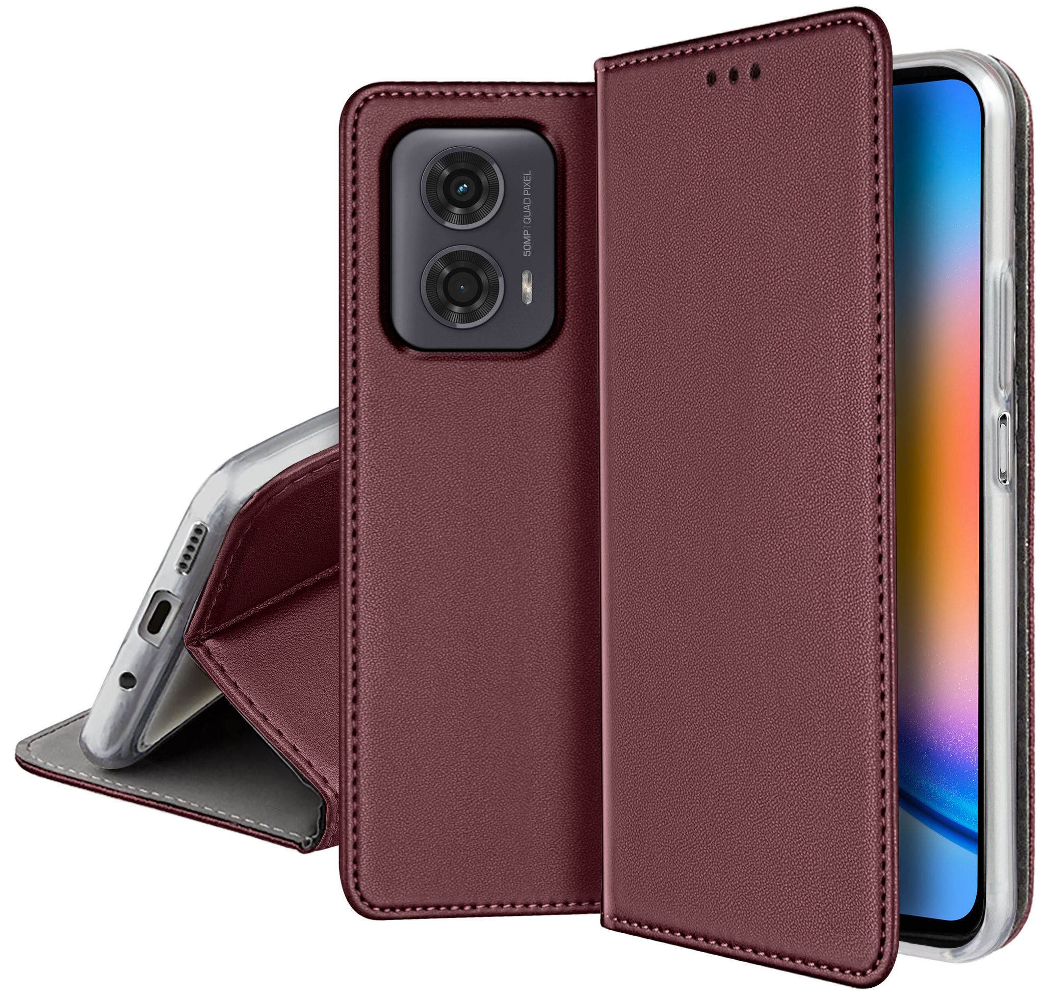 Schutzhülle Für Motorola Moto G24/g04/e14 Smart Magnetic Book Case Burgunderschein + Glas