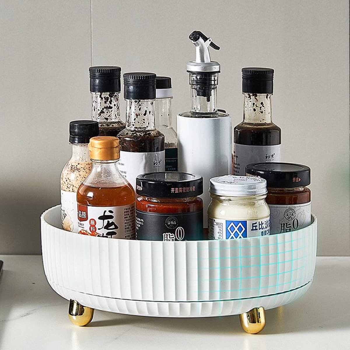 360° Drehbarer Organizer – Küchenorganizer – Drehbarer Organizer Für Kosmetik Und Make-up – Vollständig Drehbares Gewürzkarussell – Drehbarer Medikamentenbehälter – Weiß Und Gold – Multifunktional – G
