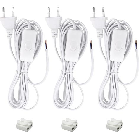 3-teiliges Kabel Mit Schalter, 3 M Anschlusskabel Mit Eurostecker, 2 X 0,5 Mm², 2 X Netzkabel Mit Schalter Für Lampen, Tischlampen, Stehlampen (weiß)