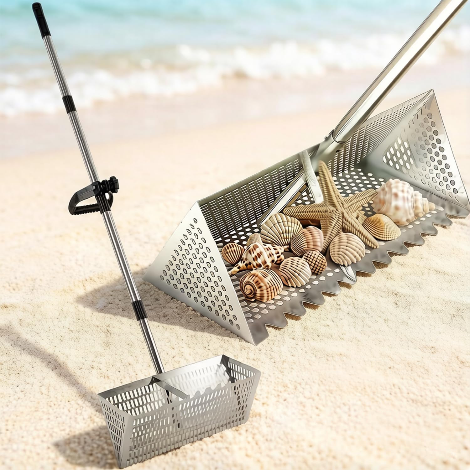 Sand Flea Rake Beach Sand Shovel And Strainer Stainless Steel Extra Large 40cm Shark Teeth Rake With 140cm Removable Handle Treasure Hunting Tool