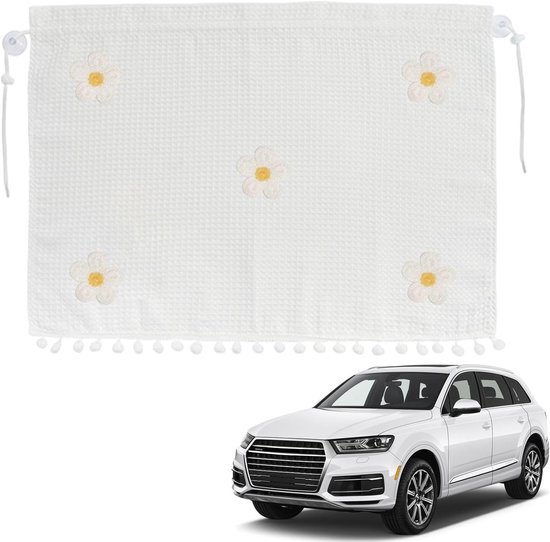 Auto-sonnenschutz Mit Blumenmuster Und Pompons – Weiße Waffelstruktur, Sicht- Und Sonnenschutz Mit Saugnäpfen, Stilvoll Und Universell Passend
