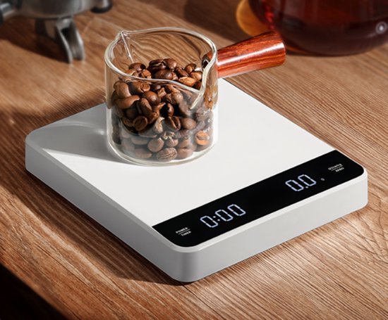 Weiße Digitale Kaffeewaage Mit Timer Und Dual-display (0,1 G–3 Kg) – Wiederaufladbar, Wasserfest, Genauigkeit 0,1 G, Für Filterkaffee Und Espresso