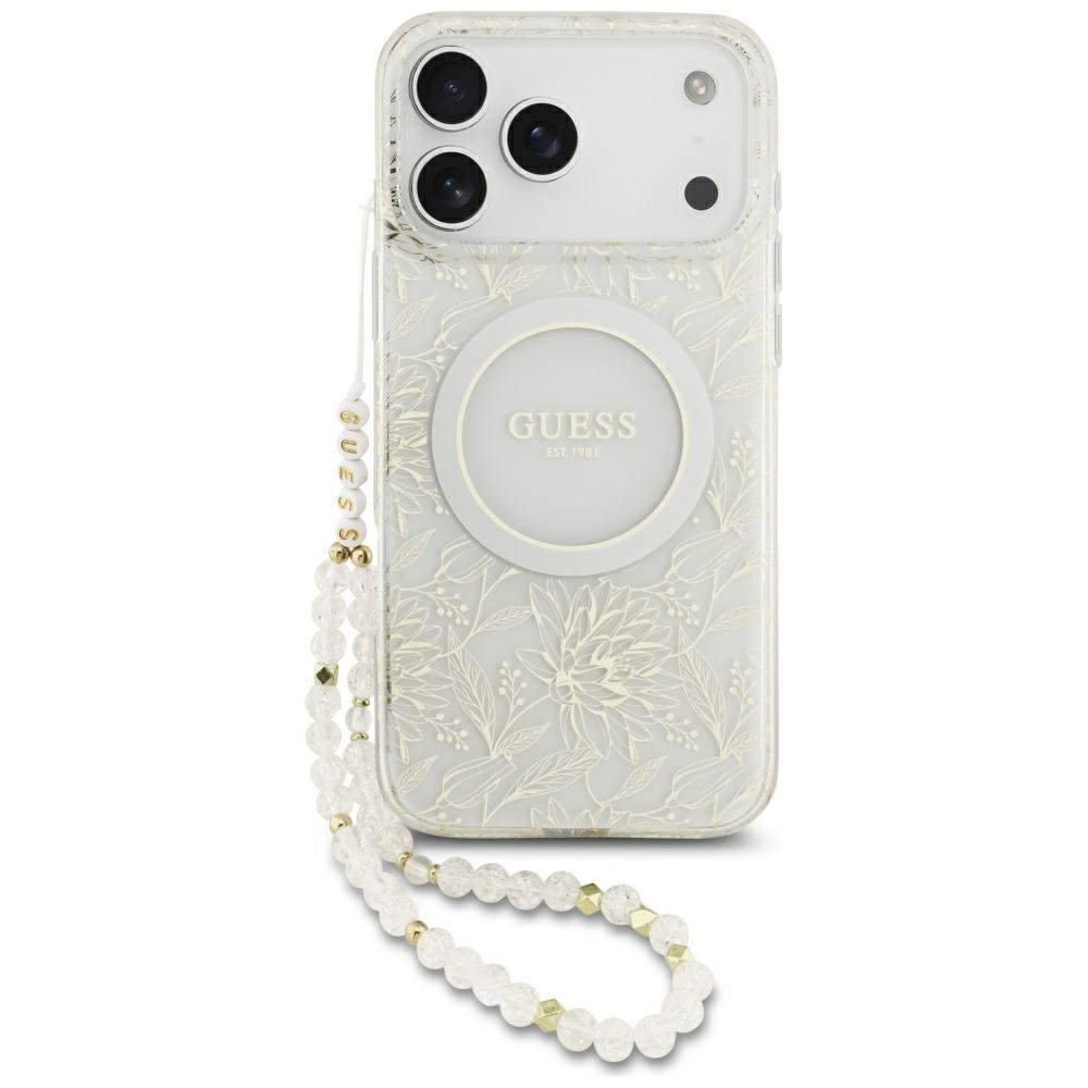 Guess Iml Flowers Electro Pearlstrap Magsafe Hülle Für Iphone 17 Pro Max Weiß