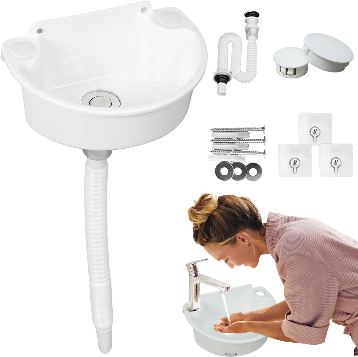 Small Plastic Sink, Hanging Sink With Hose And Drain Plug And Drainage Accessories, Semi-circle Curved Sink For Camping, Garden, Basement, Construction Sites Toilet