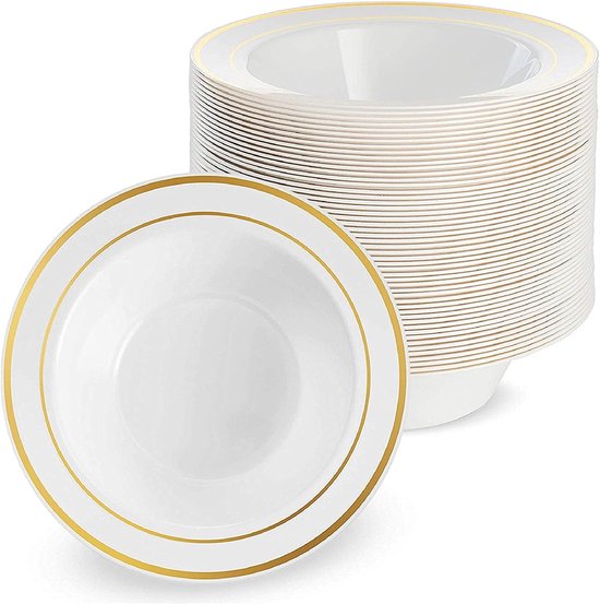 25 Weiße Plastikschüsseln Mit Goldrand (360 Ml) Für Hochzeiten, Geburtstage, Taufen, Weihnachten Und Partys – Robust Und Wiederverwendbar
