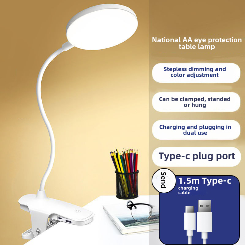 Usb-c Schreibtischlampe Mit Klemme Und Ständer, Lernnachtlicht Mit Augenschutz, Nachttischlampe Für Kleine Studentenzimmer, Dimmbar (rundes Kabel [ladekabel] Mit Akustischem Signal Zum Dimmen, 1,5 M).
