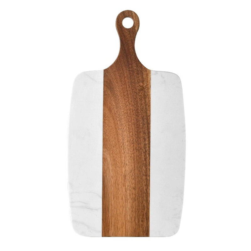Haushalts-schneidebrett Aus Marmor Und Akazienholz, Ideal Zum Schneiden Von Steaks, Käse Und Obst. Erhältlich In Der Größe 35 X 18,5 Cm, Weiß, Unregelmäßige Form.