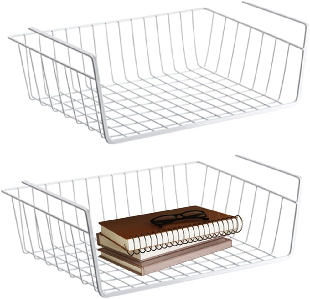 Set Mit 2 Hängenden Aufbewahrungskörben Aus Metall Für Küche, Büro, Speisekammer, Badezimmer, Kleiderschrank (weiß)