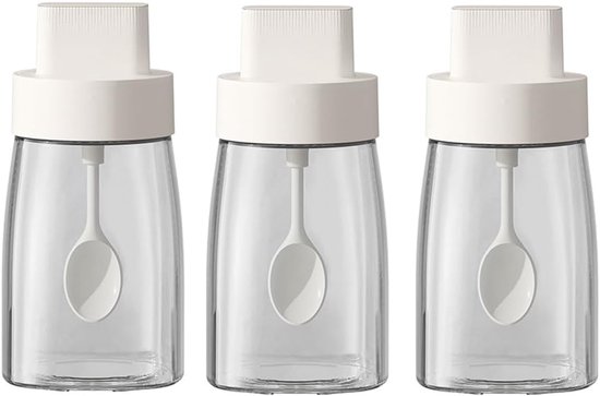 3-teiliges Set Aus Gewürzgläsern Aus Natrium-calcium-glas – 287 Ml (9,7 Oz), Weiß, Mit Ausziehbarem Löffel Und Luftdichtem Deckel, Zur Aufbewahrung Von Küchengewürzen