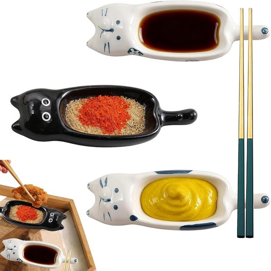 3er-set Saucenschalen – 13 X 4,2 Cm – Katzenform – Keramik – Stapelbar – Für Ketchup, Senf, Sojasauce, Essig (weiß)