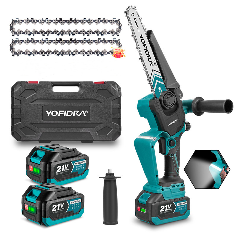 Akku-kettensäge 8 Zoll, Mit Bürstenlosem Motor, Led-anzeige, Inklusive 2 X 4,0-ah-akkus Und 2 Ketten