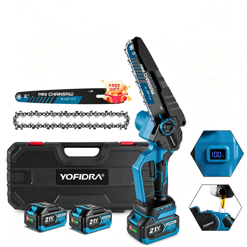 Akku-kettensäge 8 Zoll, Led-anzeige, 2 Ketten + 2 Führungsschienen, Inklusive 2 X 4,0ah Akkus Und Ladegerät