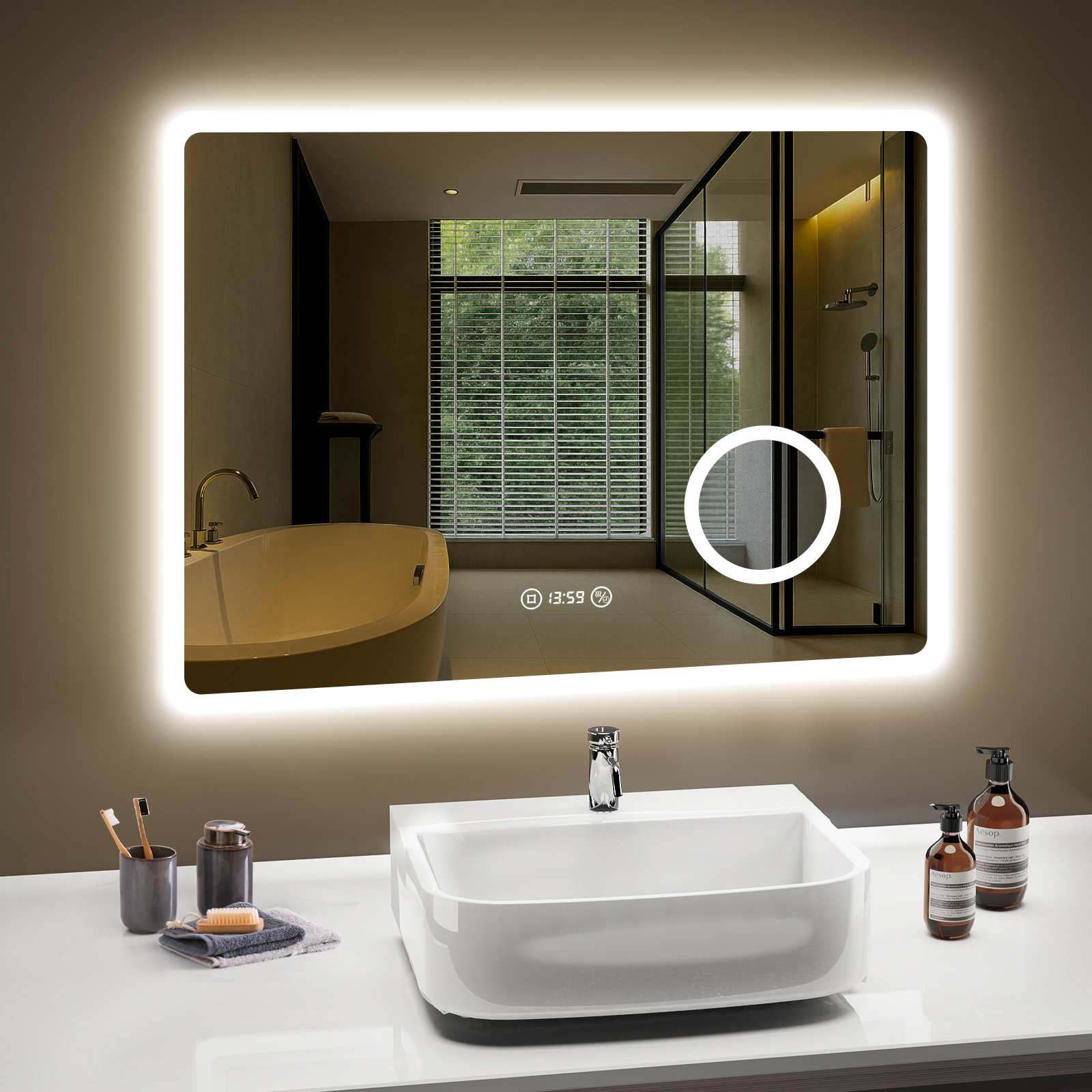 Spiegel Mit Beleuchtung Asymmetrischer, Led Badspiegel Mit Touch-schalter, 3 Lichtfarbe, Dimmbar, Beschlagfrei Badezimmerspiegel Mit Beleuchtung 90x60cm