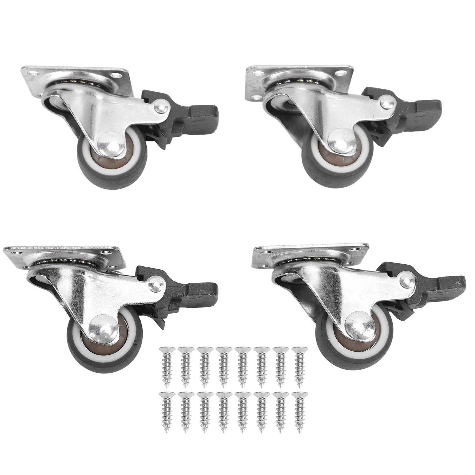 Satz Mit 4 Kleinen Lenkrollen Aus Stahl Und Gummi, 2,5 Cm Durchmesser, Mit Bremse Und 16 Schrauben, Für Möbel.