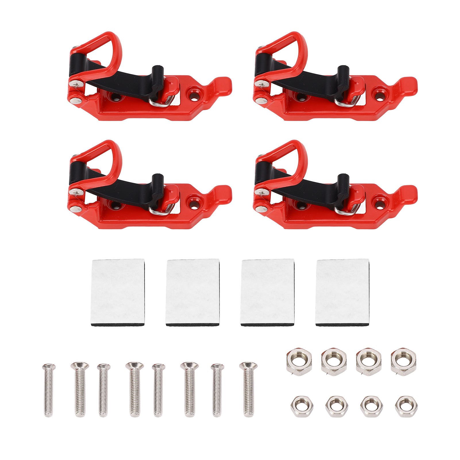 Set Aus 4 Robusten, Multifunktionalen Dachgepäckträger-schaufelhalterungen Aus Metall Und Gummi Mit Roten Befestigungsklammern.