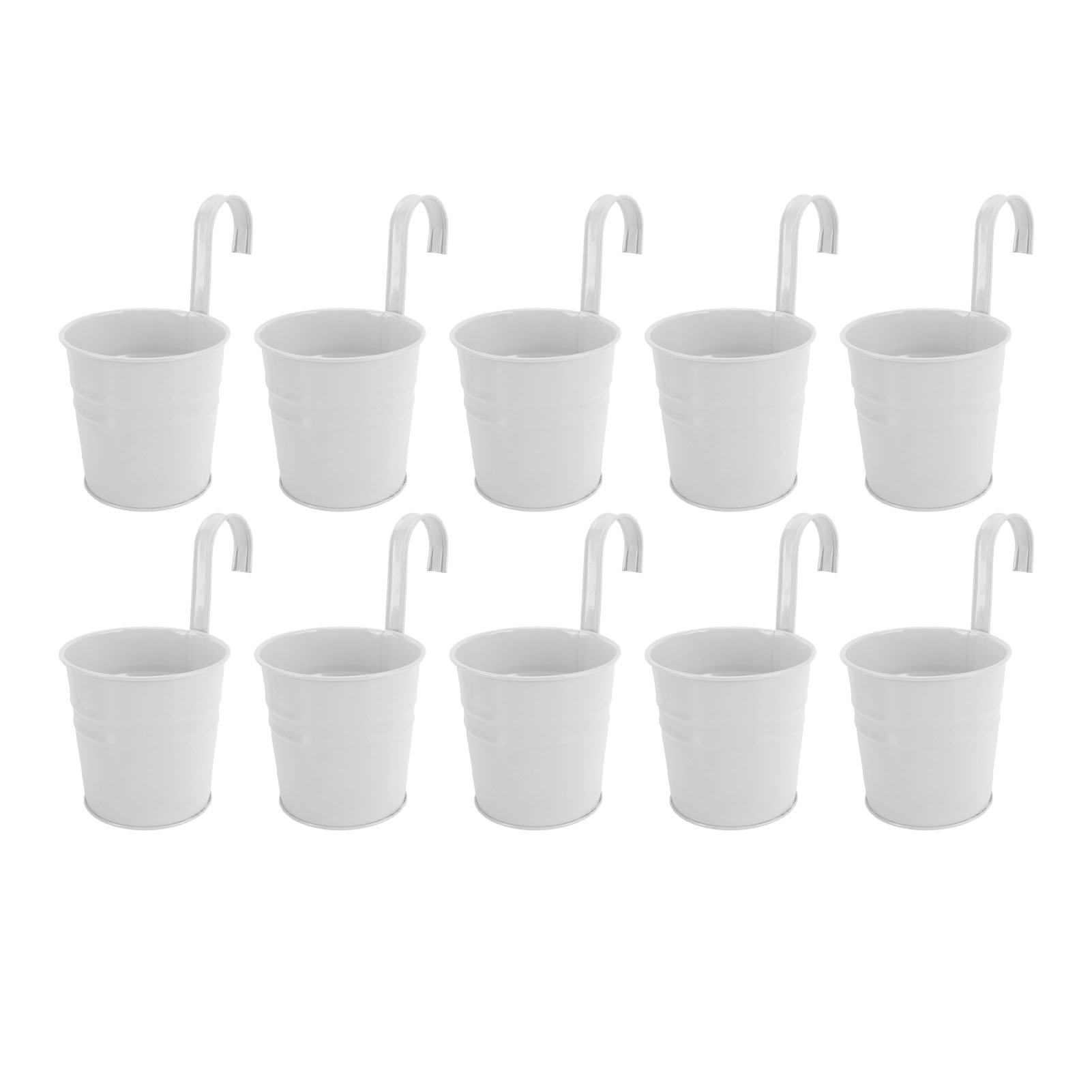 Set Mit 10 Hängenden Blumentöpfen Mit Abnehmbaren Haken, Weiße Metalleimer Für Zimmer- Und Gartenpflanzen, Zur Wand- Oder Zaundekoration.