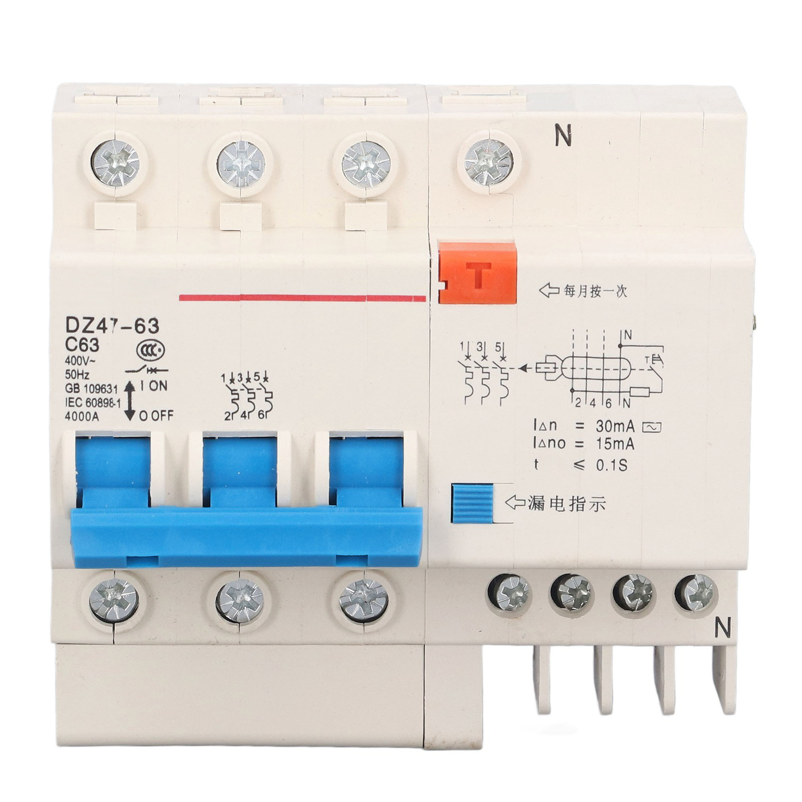 3-poliger 63-a-leistungsschalter (220 V) Mit Überlast-, Kurzschluss- Und Fehlerstromschutzschalter Für 50/60 Hz
