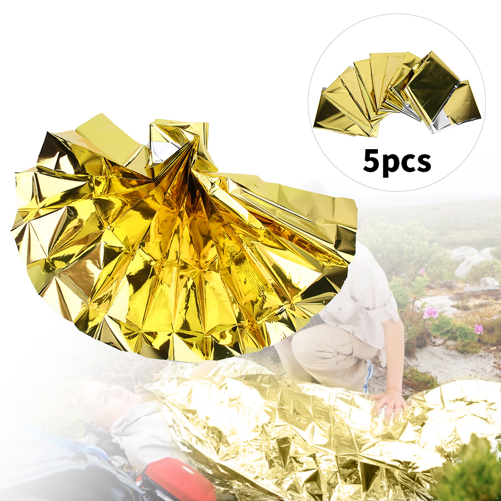 5er-pack Wasserdichte, Wärmespeichernde Und Reflektierende Outdoor-notfalldecken Für Camping, Wandern, Erdbebenrettung Und Erste-hilfe (gold)