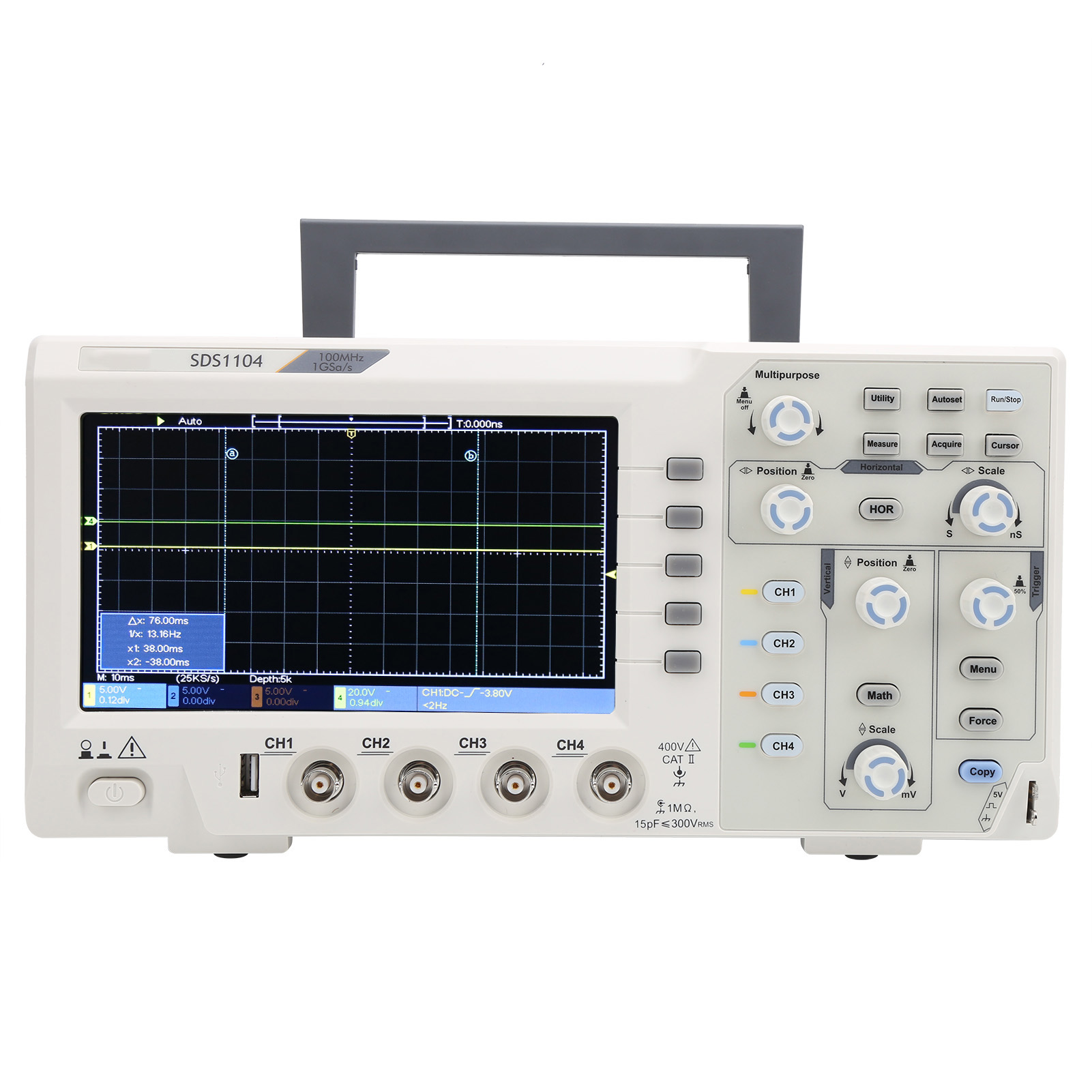 Sds1104 4-kanal-oszilloskop Mit 7-zoll-lcd-display, 100 Mhz Bandbreite, 1 Gs/s Abtastrate, Eu 100–240 V