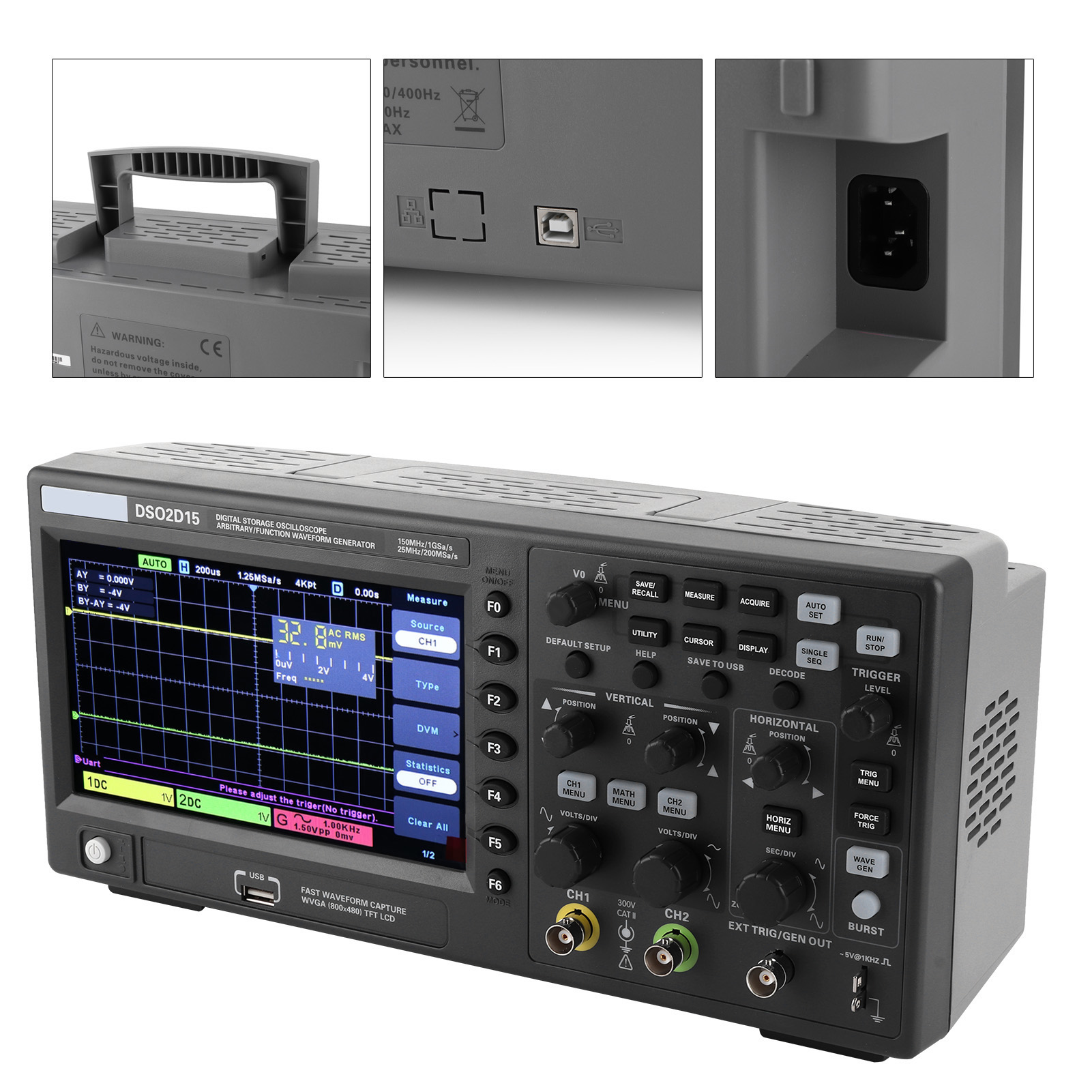 Ds02d15 150 Mhz 8m (2 Kanäle) Digitales Speicheroszilloskop, Abtastrate 1 Gsa/s, Mit Signalquelle, Eu-stecker, 100–240 V