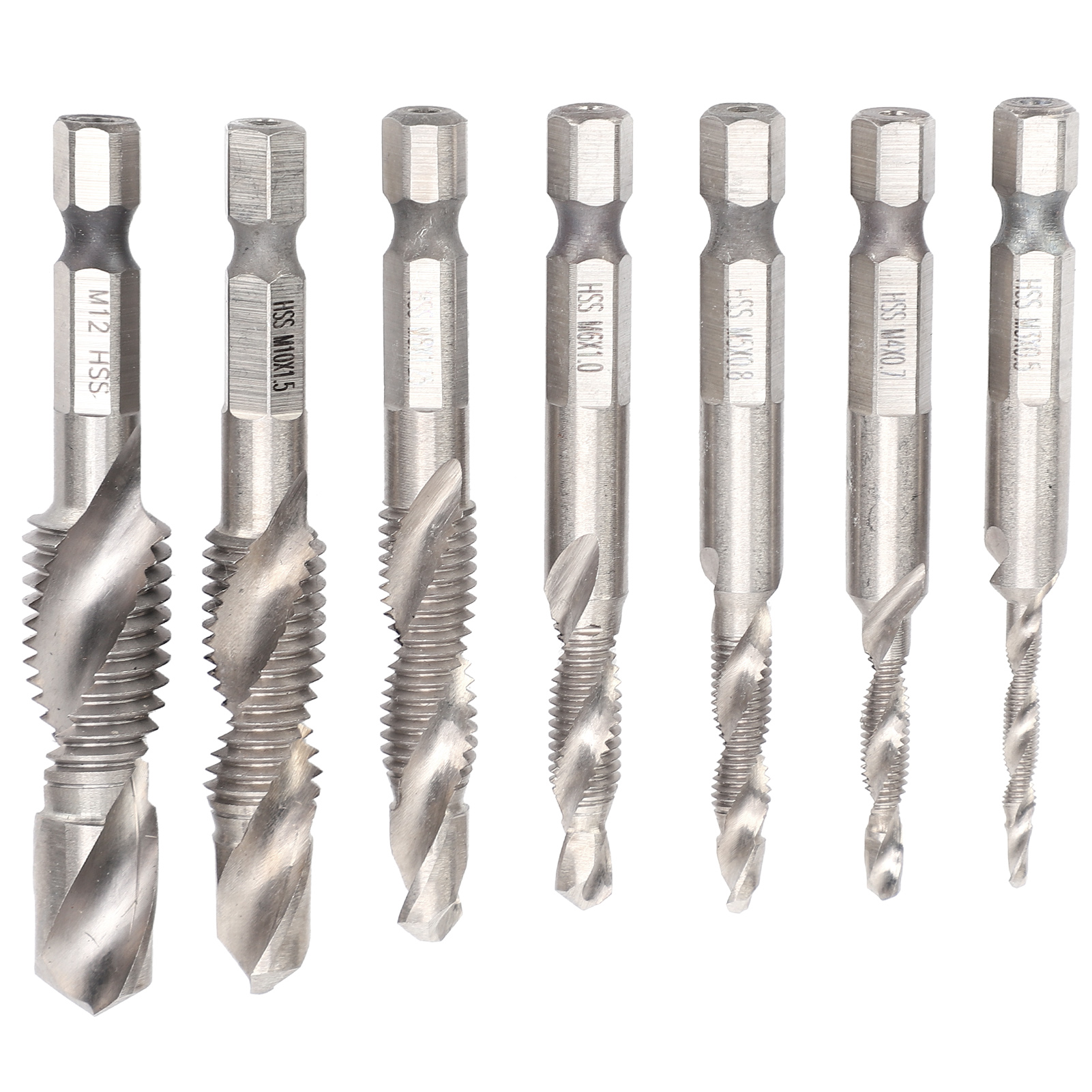 7-teiliges Gewindebohrer-set 1/4" Sechskantschaft, Metrisch, Mit Integriertem Spiralnut-set