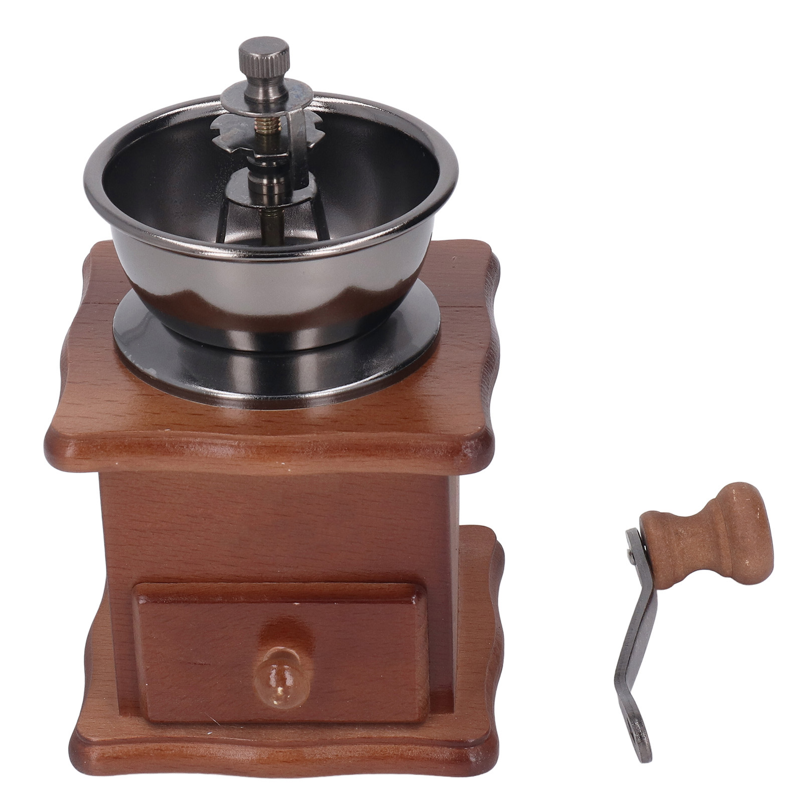 Handkaffeemühle Im Retro-stil Mit Klassischem Buchenholzsockel Und Rostfreiem Edelstahlkern.