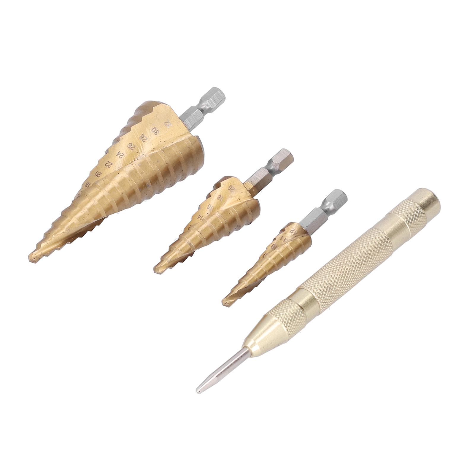 3-teiliges Stufenbohrer-set, Metrisch, Profi-kegelbohrer, Hss-sechskantschaft, 4–32 Mm + Automatischer Zentrierstempel, Spiralform