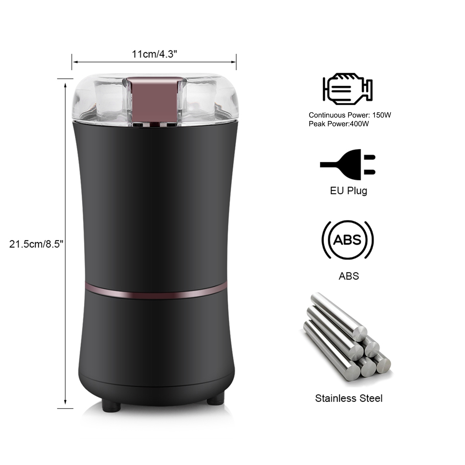Elektrische Kaffeemühle (150 W), Dauerbetrieb, Mahlwerk Für Getreide, Gewürze Und Nüsse, Edelstahlklinge, Mahlwerk