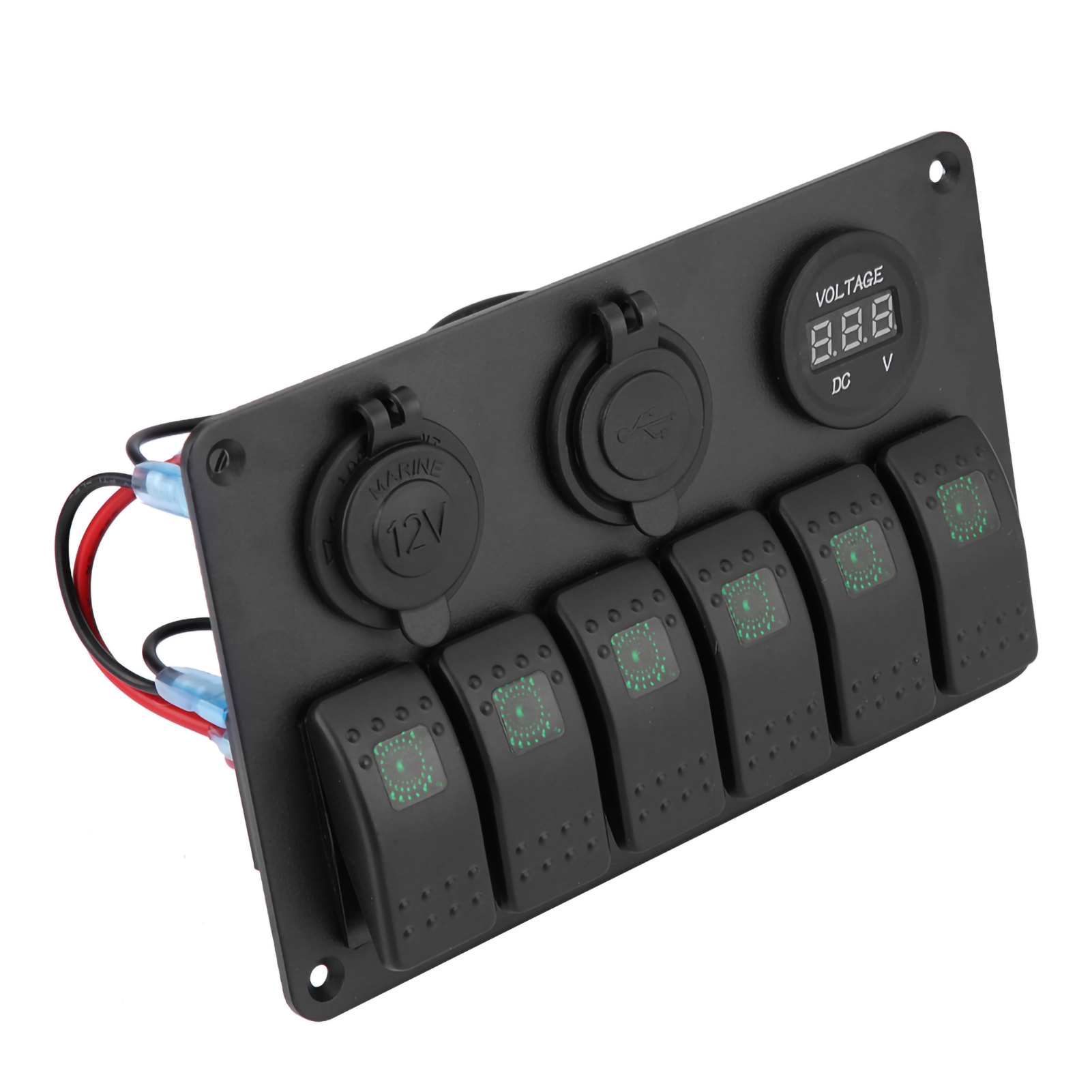 6-stufiger Led-wippschalter, 12v/24v, Für Boot/auto, Bedienfeld Mit Zwei Usb-anschlüssen, Voltmeter Und Zigarettenanzünderbuchse (grün)