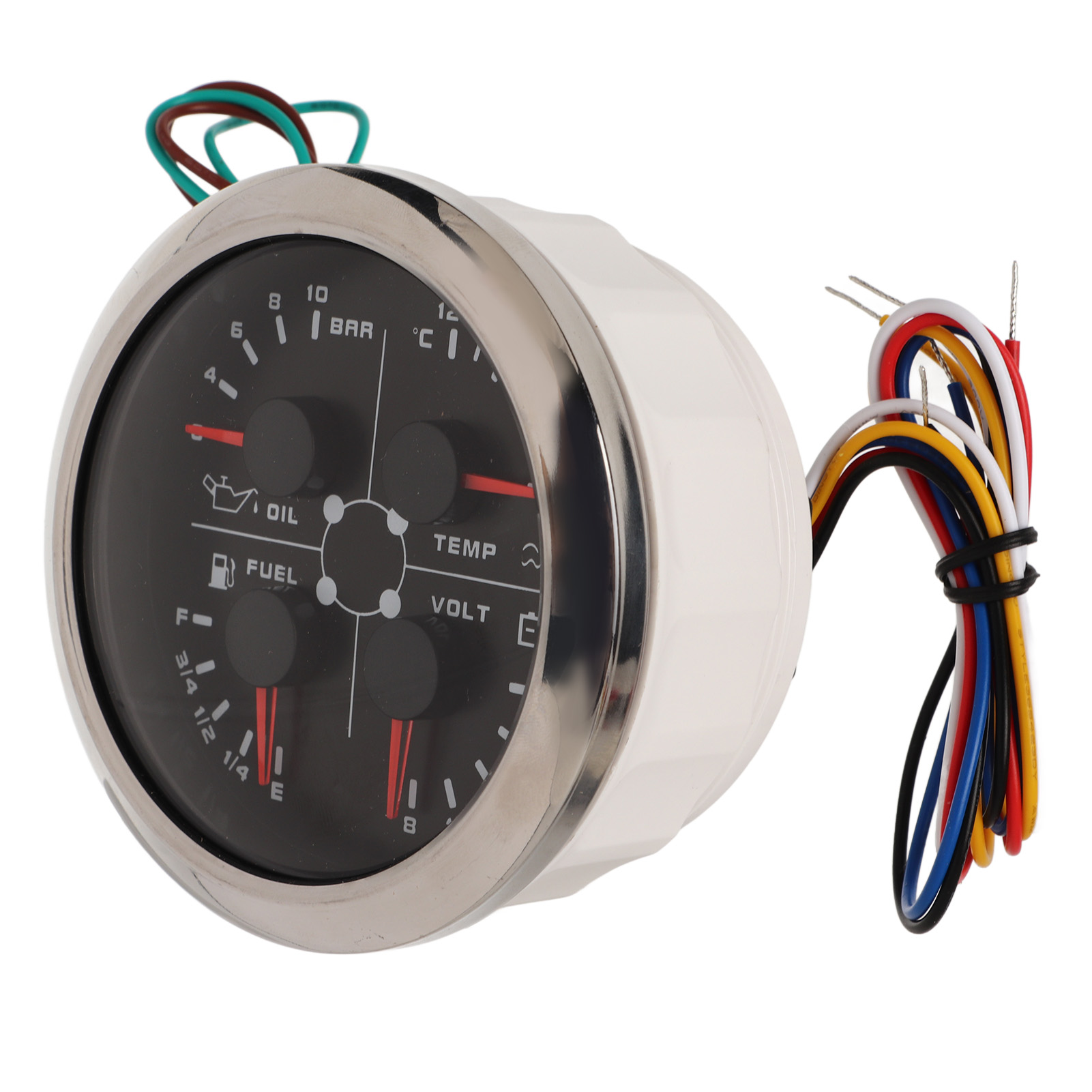 4-in-1 Multifunktionsanzeige 85 Mm, Kraftstoffstandanzeige, Öldruckanzeige, Wassertemperaturanzeige, 9–32 V Gleichstrom-voltmeter Für Auto, Wohnmobil, Boot, Motorrad, Schwarz/silber, °c/bar