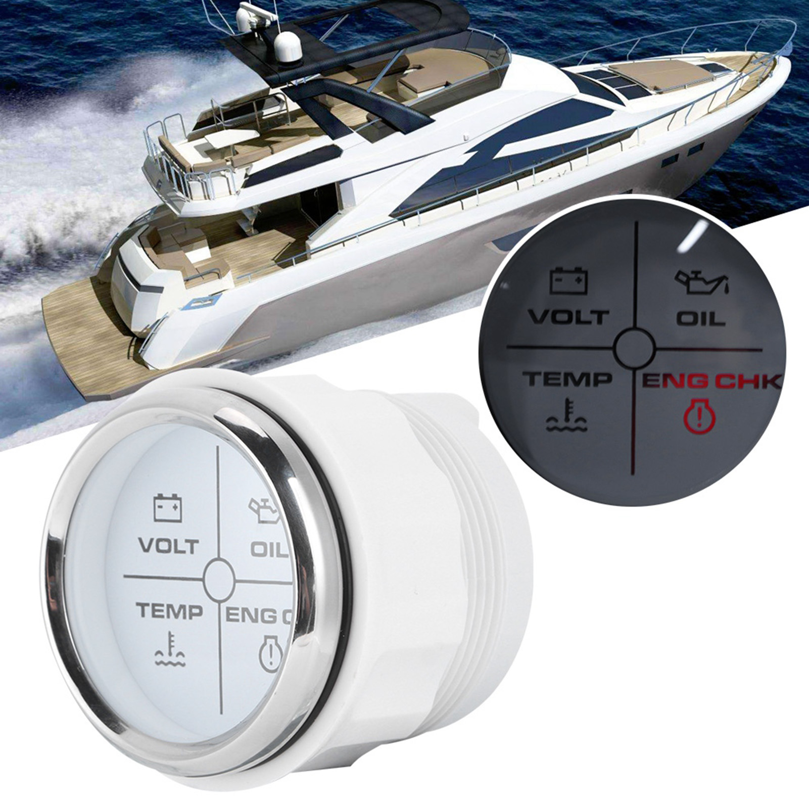 52 Mm/2 Zoll Multifunktions-anzeige Mit 4 Leds Für Alarm, Volt, Wassertemperatur Und Öldruck (12/24 V) Für Boote, Weißes Zifferblatt, Silberne Abdeckung