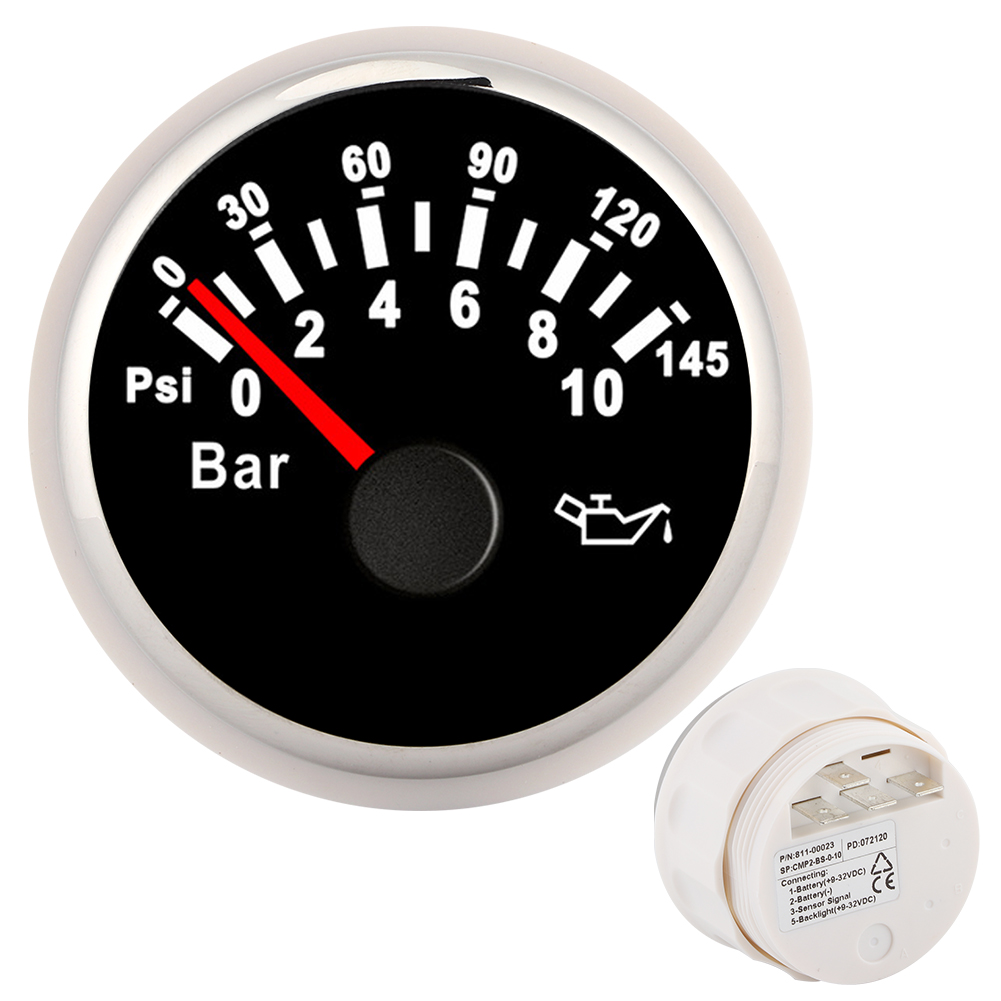 2-zoll-öldruckmesser (0–10 Bar, 145 Psi), Led-hintergrundbeleuchtung, Zifferblatt, Instrument Für Auto, Motorrad, Boot, Lkw, 12 V/24 V, Schwarzes Zifferblatt, Silberner Rahmen