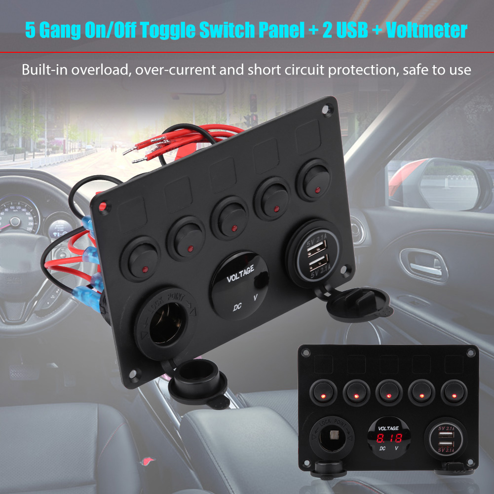 5-stufiges Wippschalterfeld, 12–24 V, Mit Zwei Usb-anschlüssen Und Rotem Led-voltmeter Für Boote, Lkws, Pkws Und Andere Maritime Anwendungen – Ein-/ausschalter