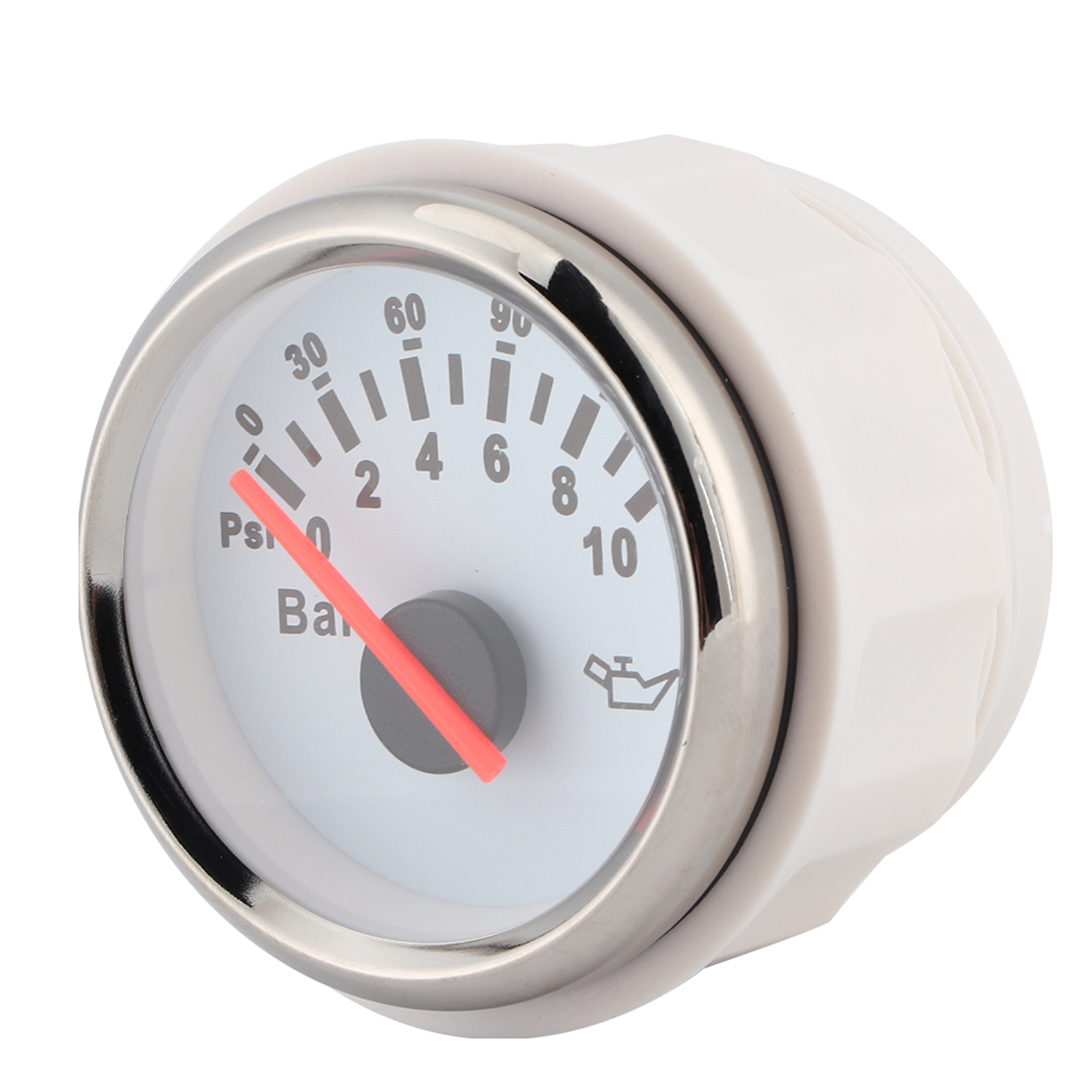 2-zoll-öldruckmesser (0–10 Bar, 145 Psi), Led-hintergrundbeleuchtung, Zifferblatt, 12 V/24 V, Weißes Zifferblatt, Silberner Rahmen