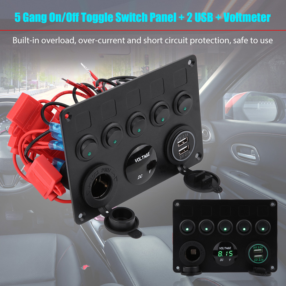 5-wege-wippschalterfeld, 12-24 V, Mit Zwei Usb-anschlüssen Und Voltmeter, Grüne Led-anzeige, Für Boote, Lkws, Autos Und Schifffahrtsanwendungen.
