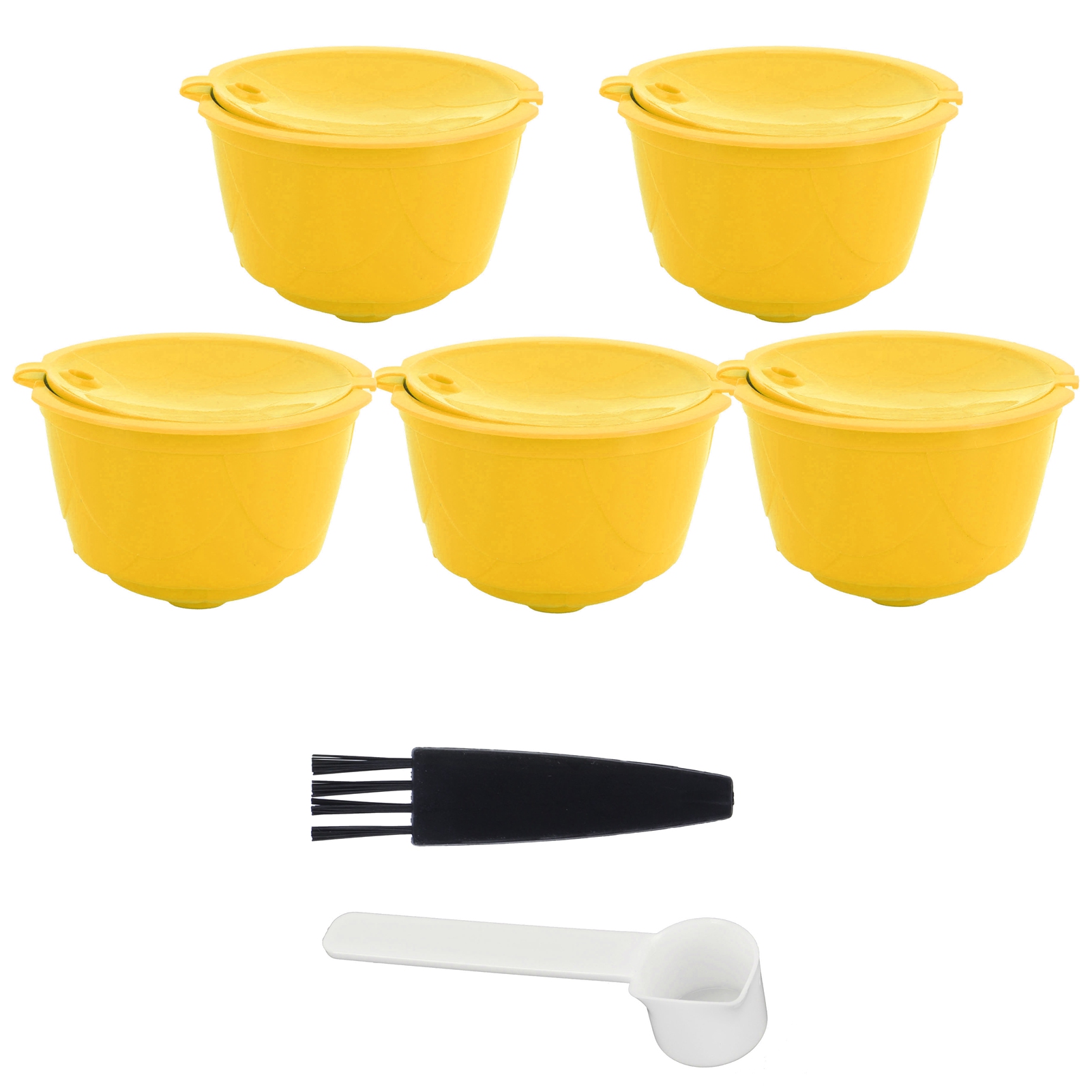Packung Mit 5 Wiederverwendbaren Gelben Kapseln Für Dolce Gusto Kaffeemaschinen, Inklusive Löffel Und Reinigungsbürste.