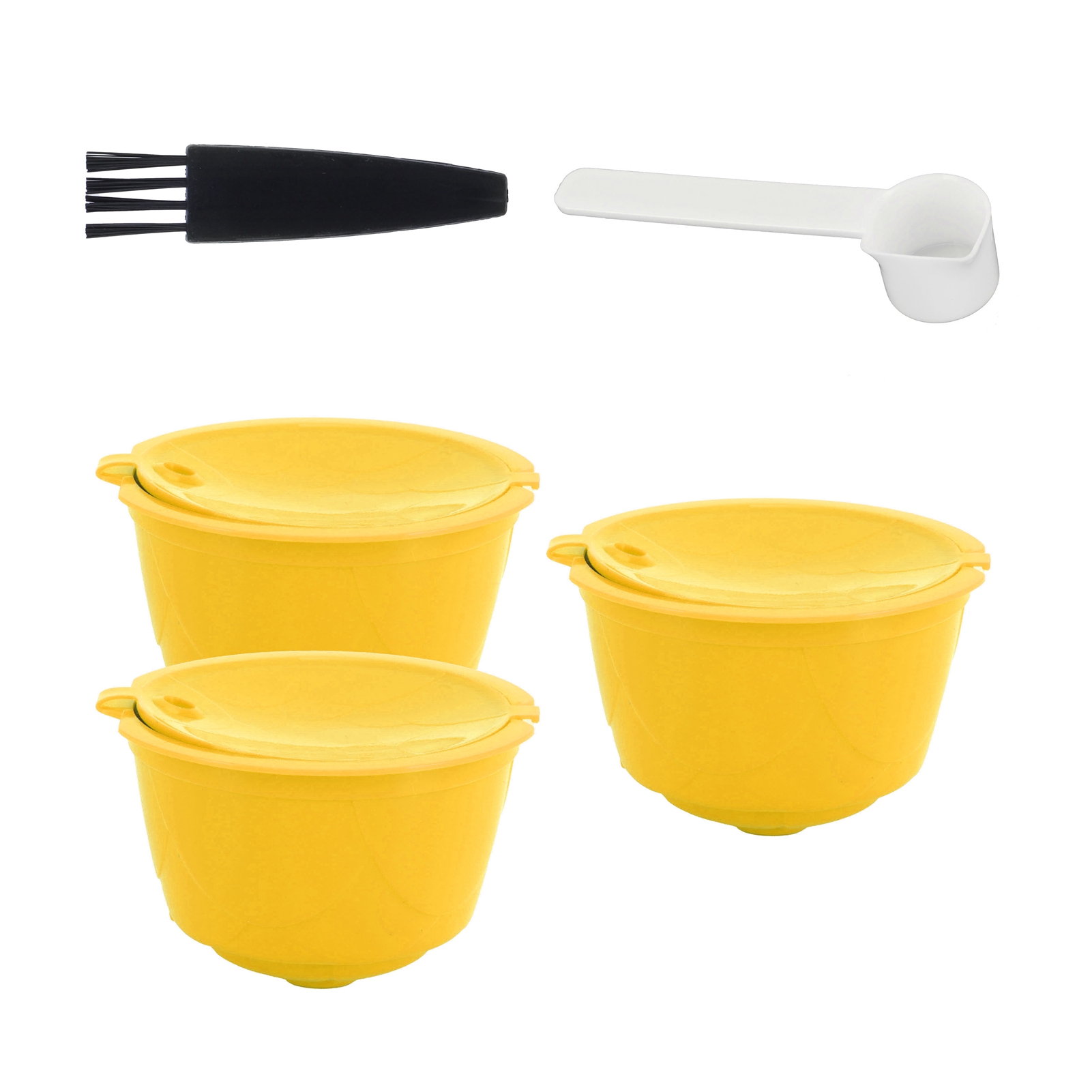 Set Mit 3 Wiederverwendbaren Gelben Kaffeefilterkapseln Für Dolce Gusto Maschinen, Inklusive Löffel Und Reinigungsbürste