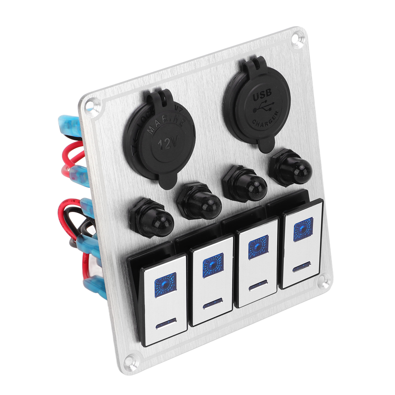 Wasserdichtes 4-schalter-wippfeld Für Boote, Silberne Ein-/ausschalter, Zwei Blaue Leds, Schutzart Ip67 (marinequalität)